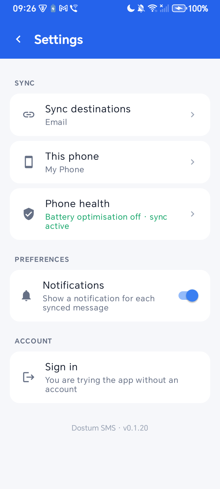 Sync settings screen