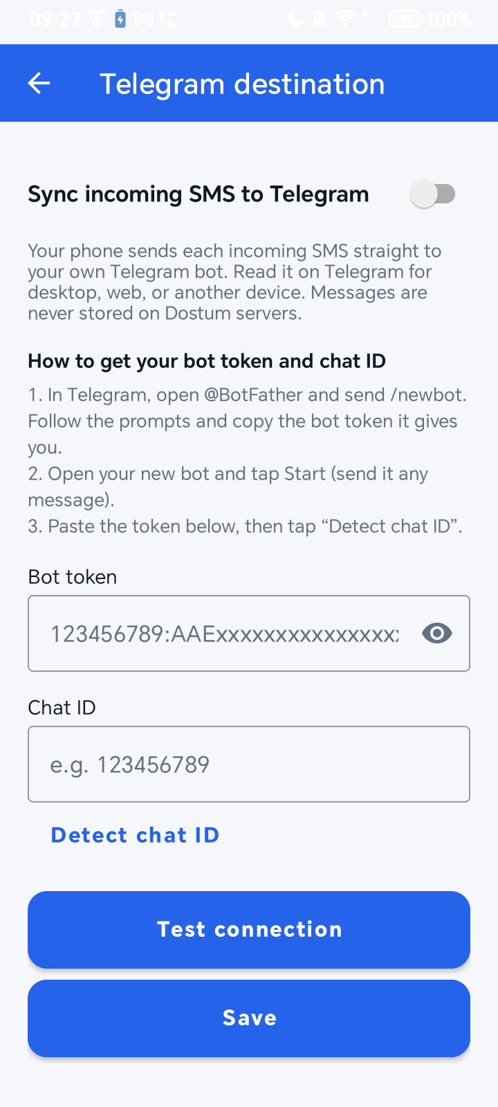 Telegram setup screen